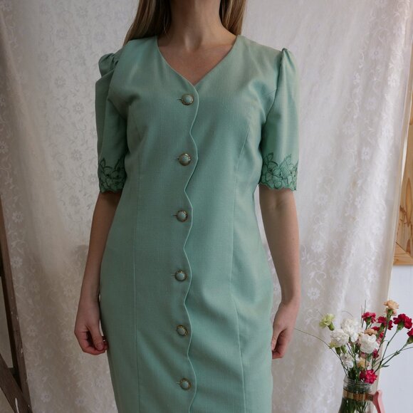Vintage 1980s Mint Sage Green Linen Dress Button Front Retro 80s Thrift Dresses - Picture 3 of 12